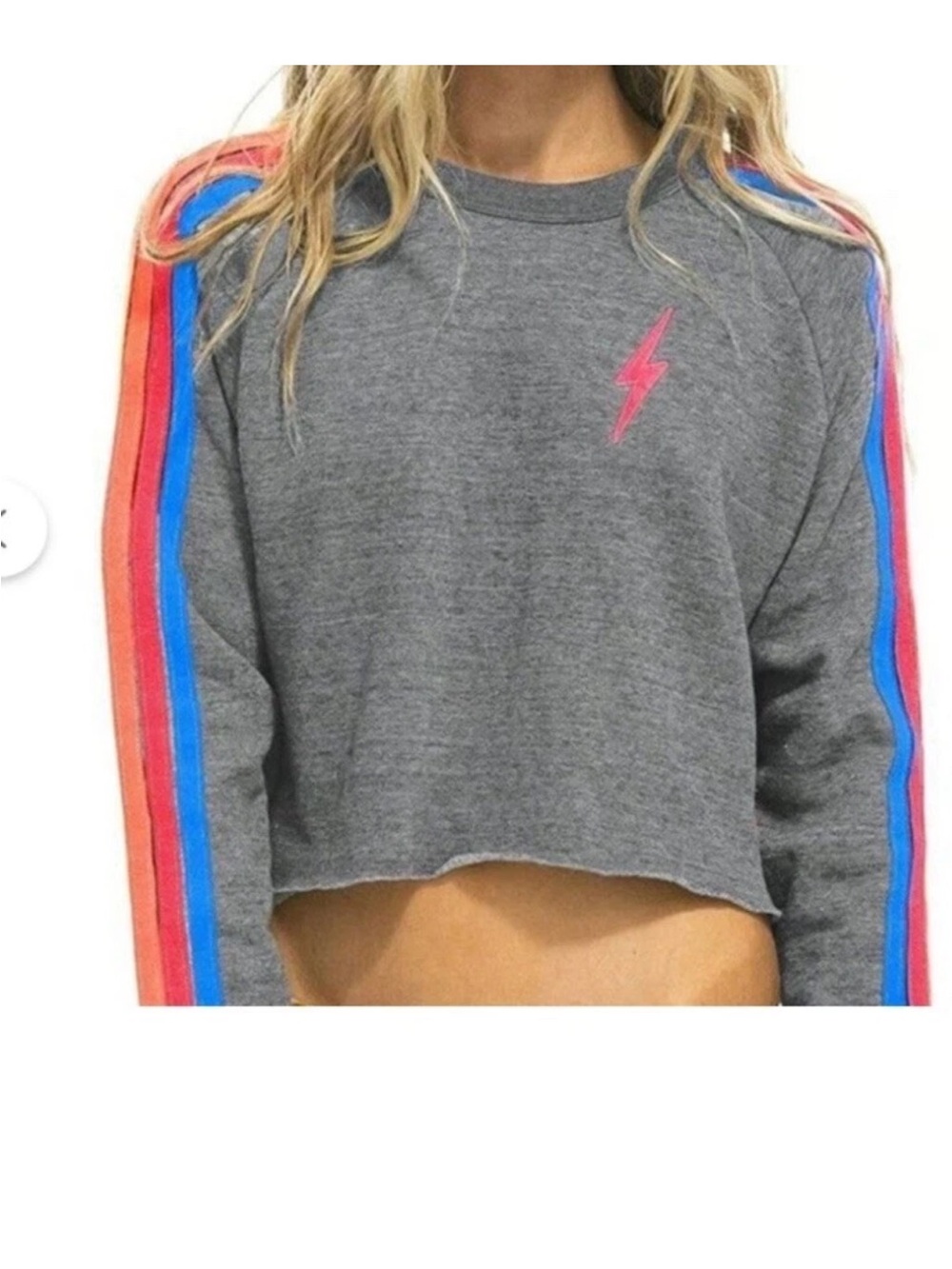 Aviator Nation Bolt Neon Striped Cropped Sweatshirt in size large